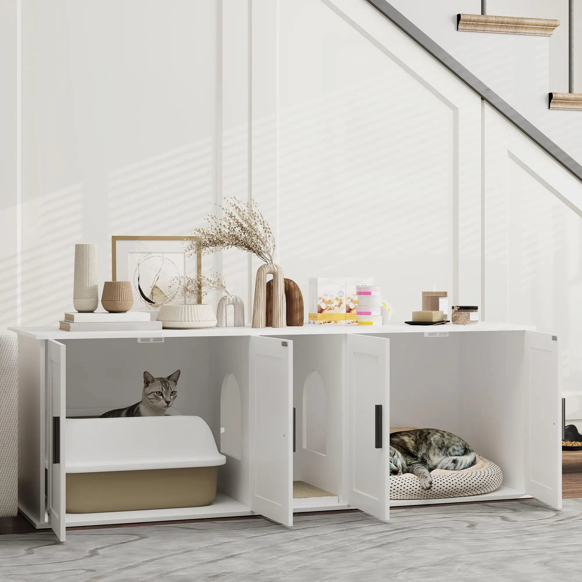 Cat Litter Box Enclosure, Double Room, Scratching Board, 57" x 19" x 20", White Cat Litter Box Enclosures at Gallery Canada