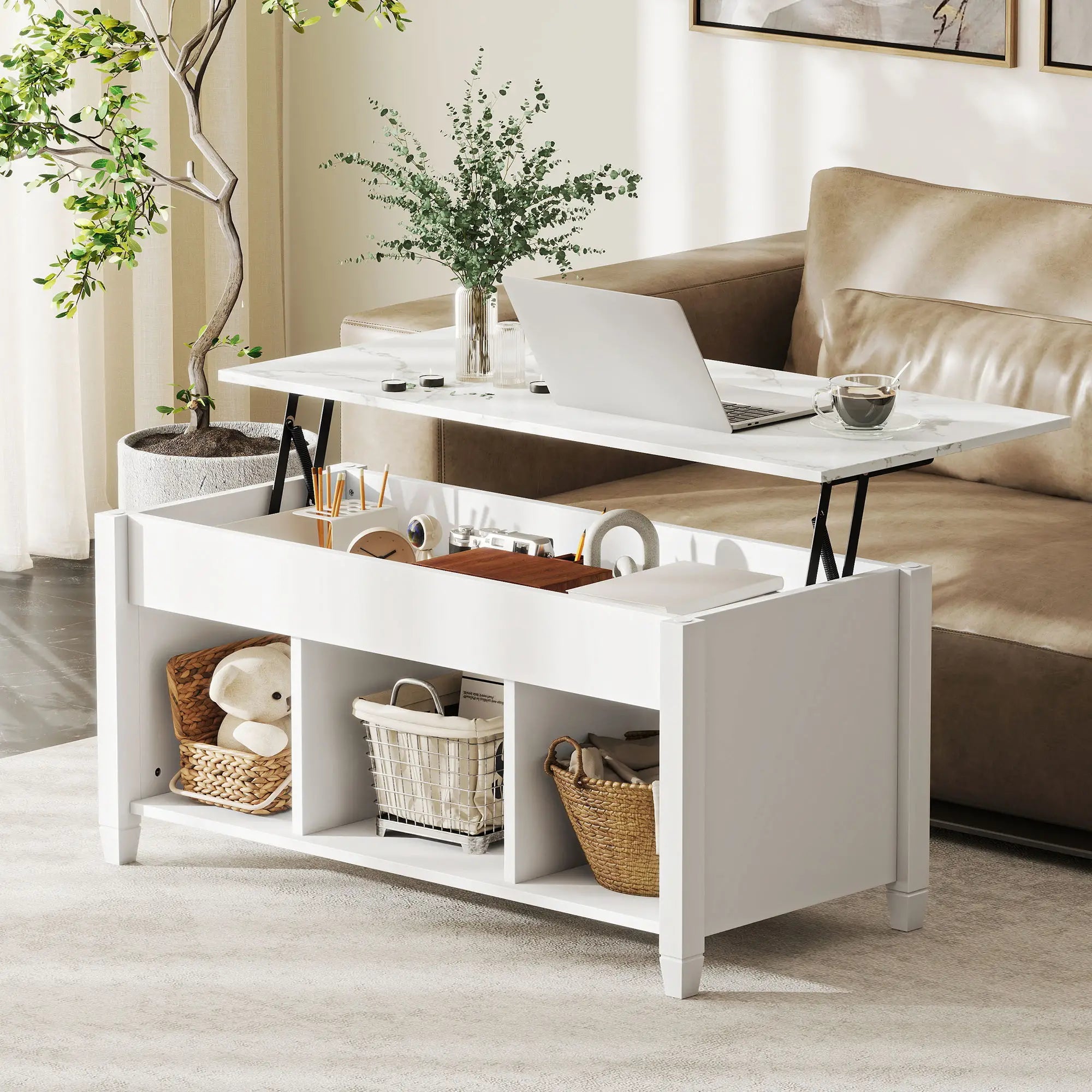 Lift Top Coffee Table, Storage Shelves, Hidden Compartment, 41