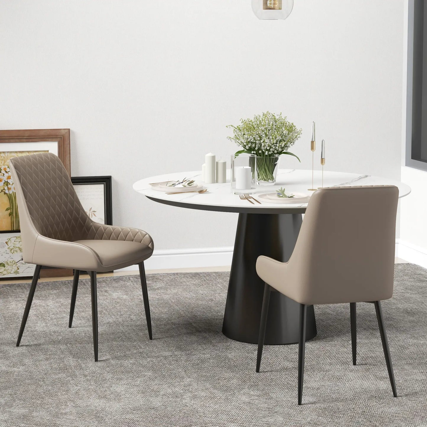 Modern Dining Chairs Set of 2, PU Leather, Metal Legs, Khaki Dining Chairs at Gallery Canada