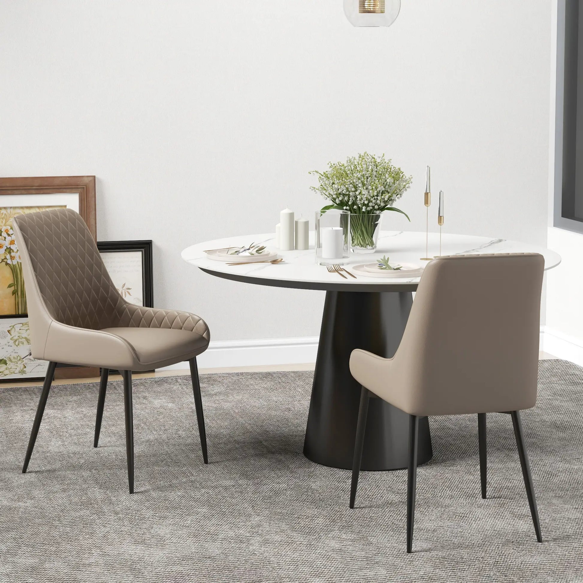 Modern Dining Chairs Set of 2, PU Leather, Metal Legs, Khaki Dining Chairs at Gallery Canada