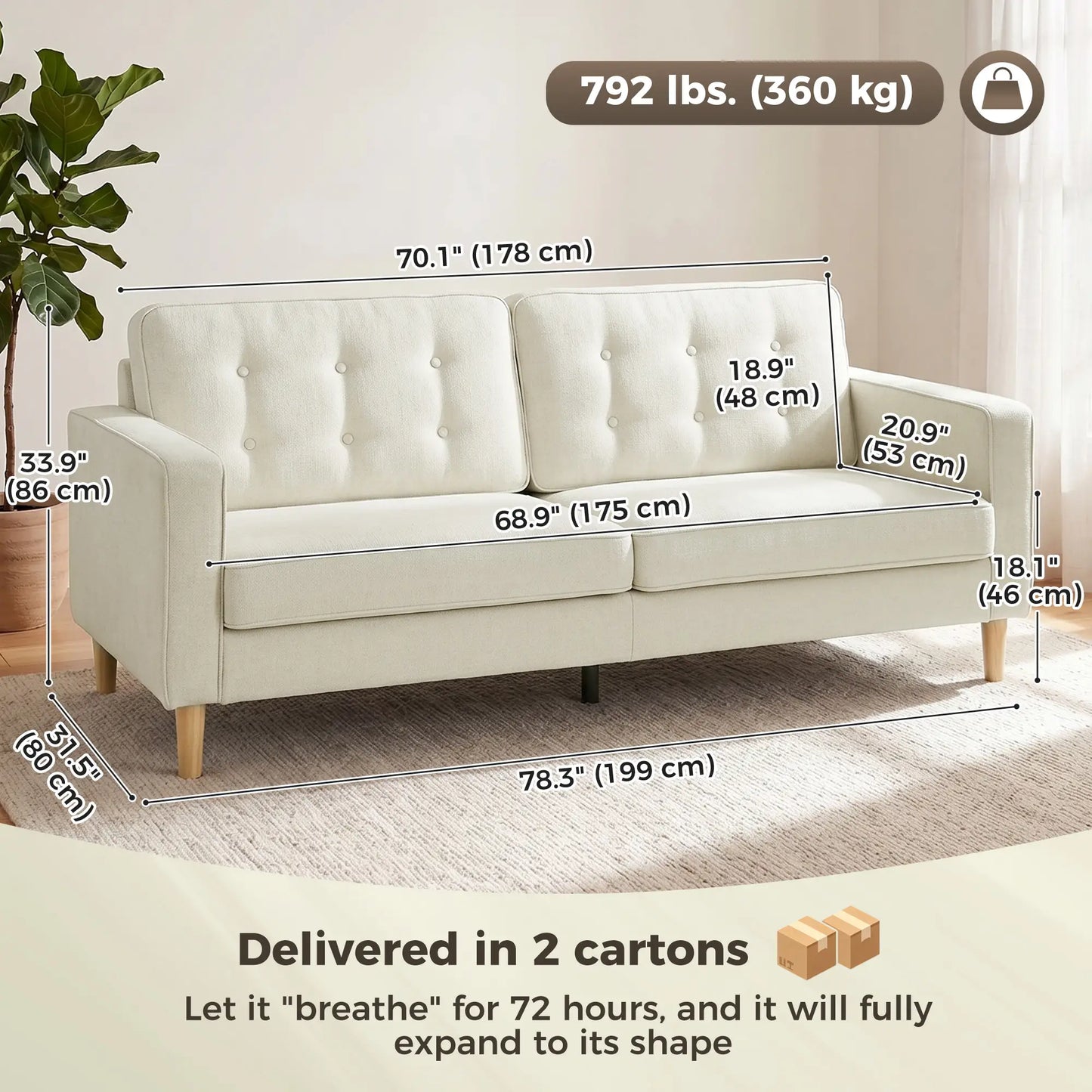 3 Seater Sofa Upholstered with Padded Cushion Modern Button Tufted Couch with Wood Legs, Cream White 3-Seater Sofas at Gallery Canada