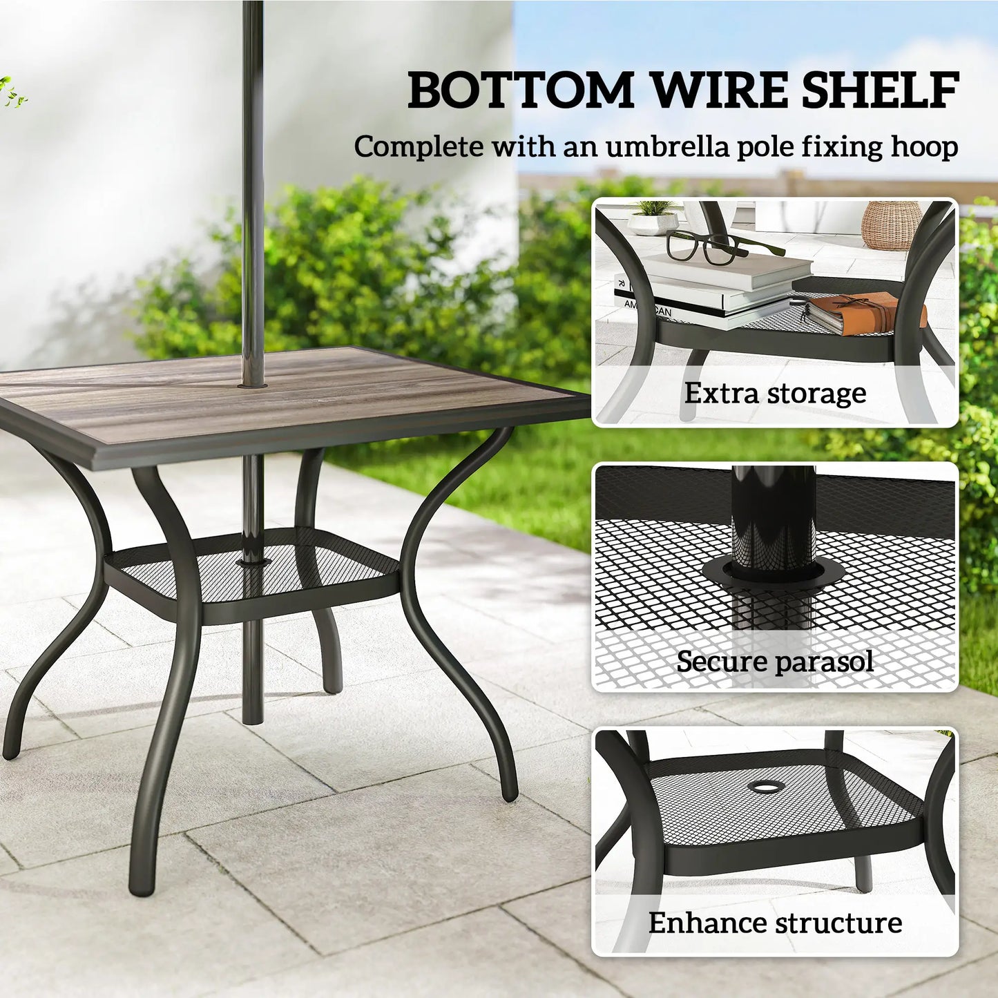 Square Outdoor Dining Table For 4, With Umbrella Hole And Shelf, Grey Patio Dining Tables at Gallery Canada