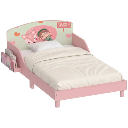 Toddler Bed, Bedside Storage, Guard Rails, 132x70x10cm, Pink Fox Print
