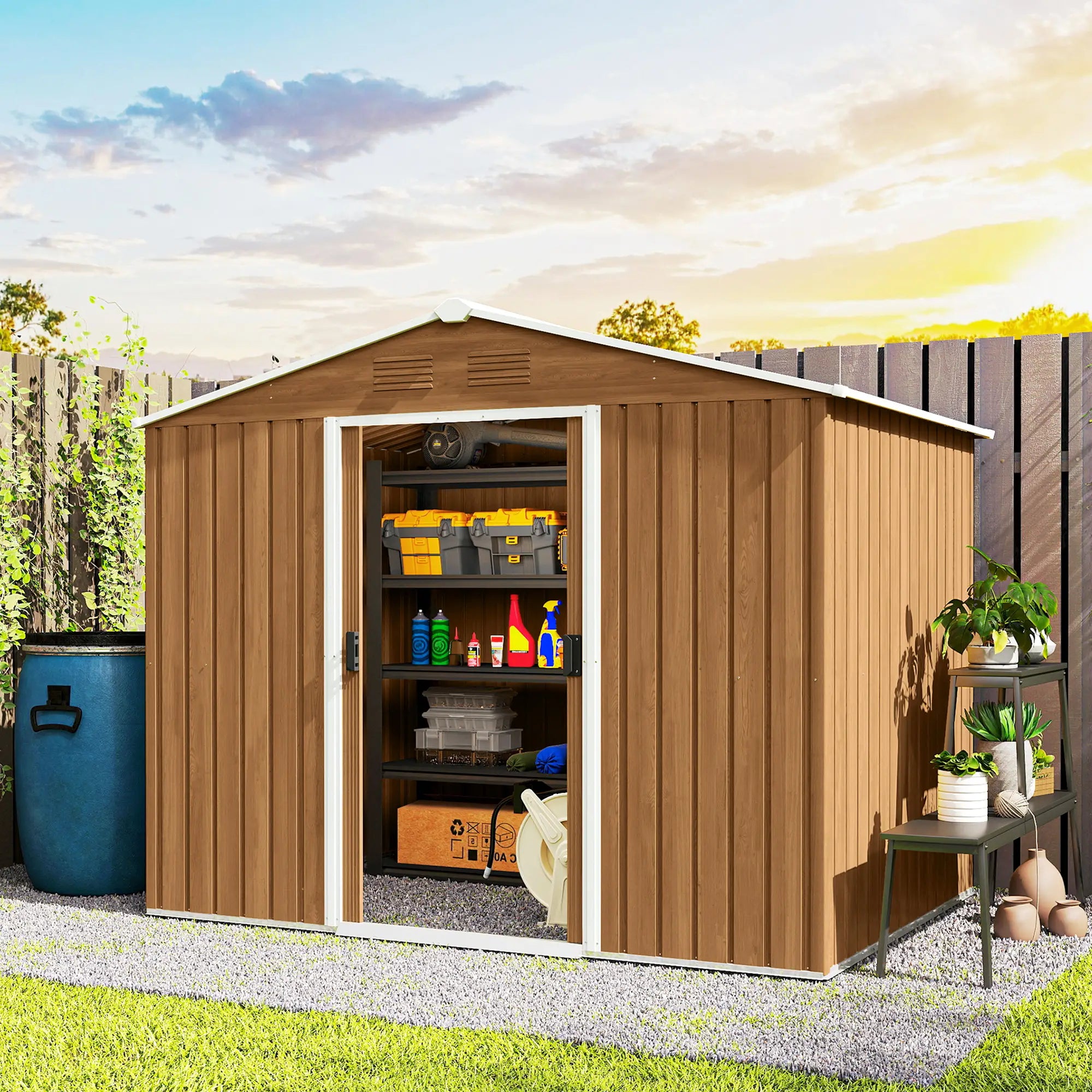 8' x 6' Metal Outdoor Storage Shed, Garden Tool House, Dark Brown Sheds at Gallery Canada