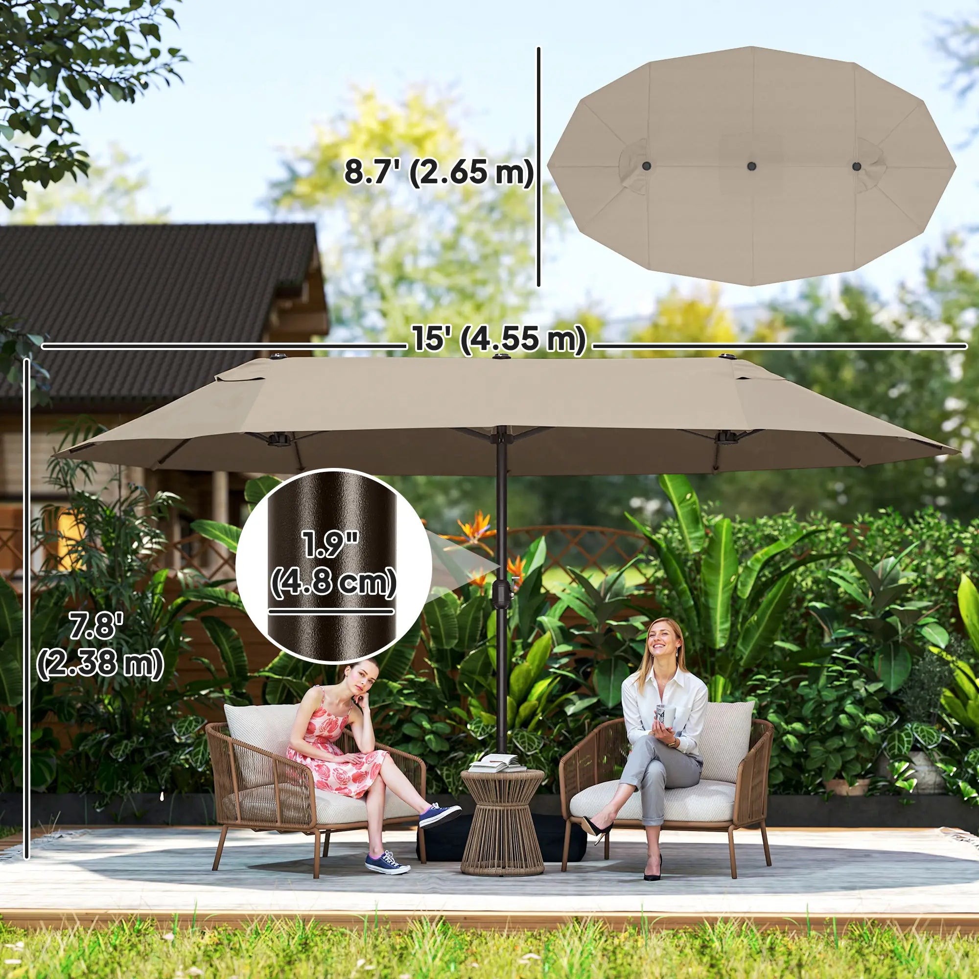 15' Outdoor Patio Umbrella, Twin Canopy, Lift Crank, Brown Sun Umbrellas at Gallery Canada
