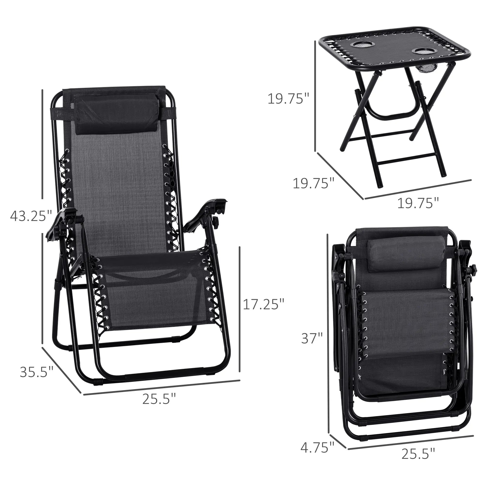 Zero Gravity Chair Set of 2, Patio Chair with Side Table, Black Lounger Chairs at Gallery Canada