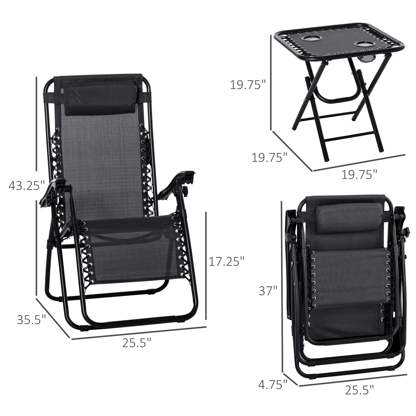 Zero Gravity Chair Set of 2, Patio Chair with Side Table, Black Lounger Chairs at Gallery Canada