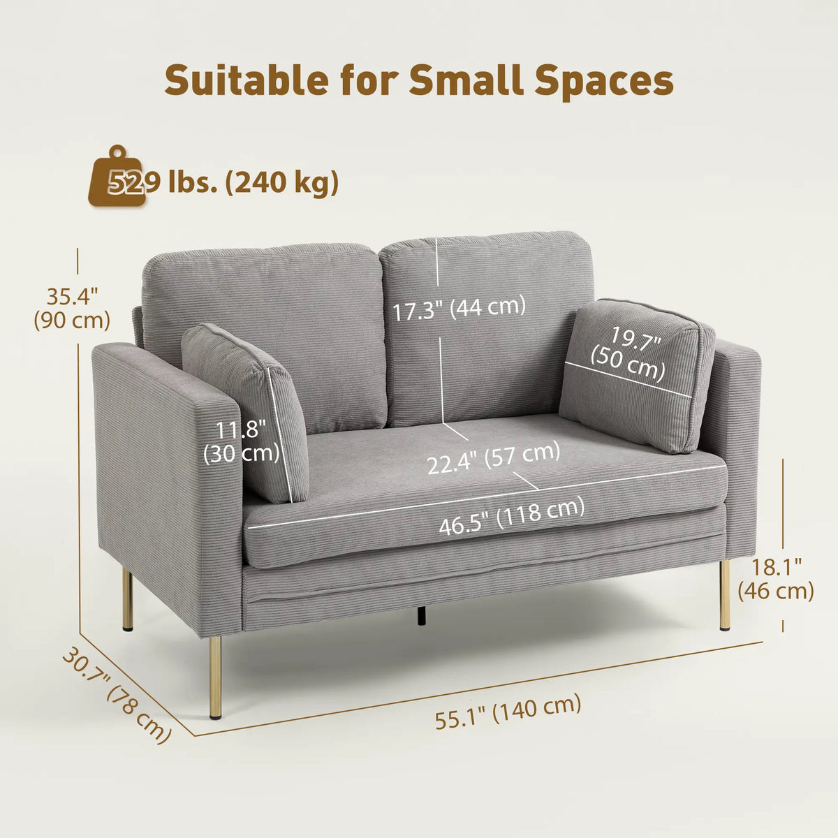 55" Grey Loveseat Sofa With 2 Pillows, Metal Legs, Grey 2-Seater Sofas at Gallery Canada
