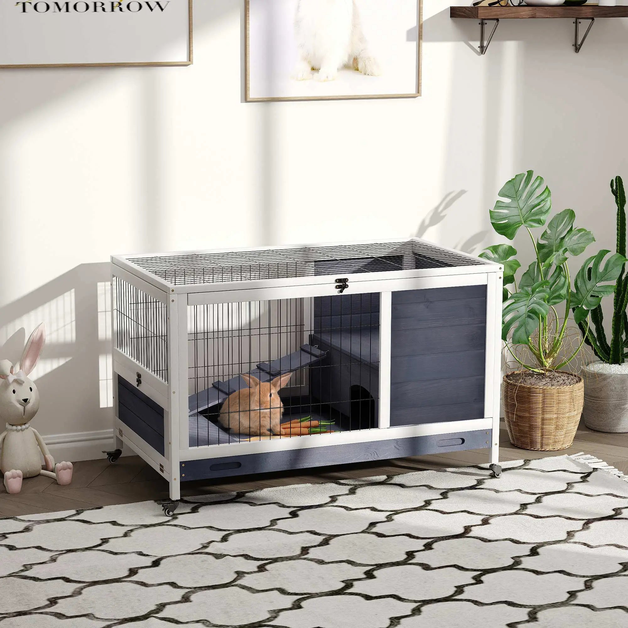 Wooden Indoor Rabbit Hutch, Elevated Cage with Enclosed Run, Wheels, White Rabbit Hutch at Gallery Canada