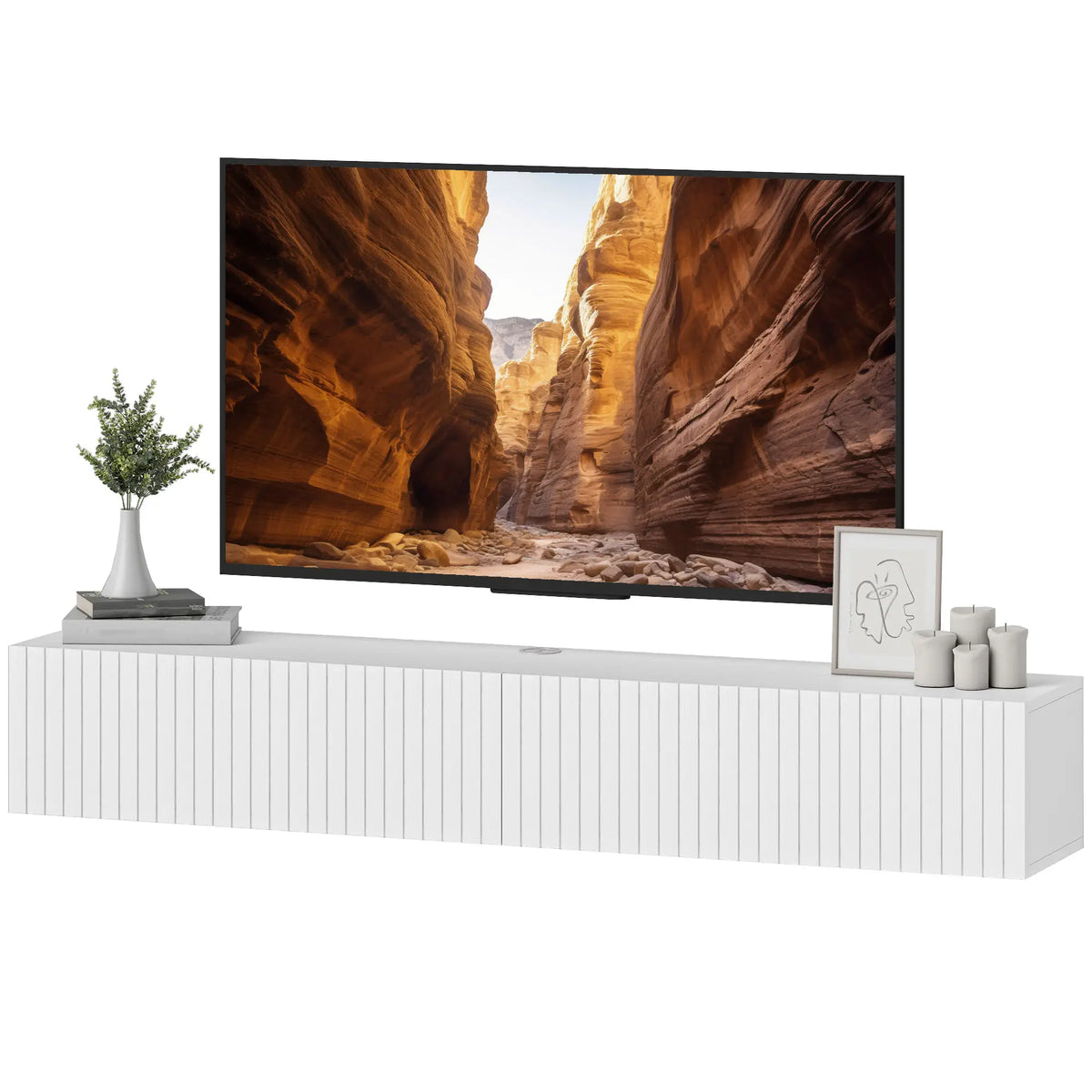 55 Inch Floating TV Stand, Wall Mount Media Console, 2 Fluted Doors, White TV Stands White at Gallery Canada