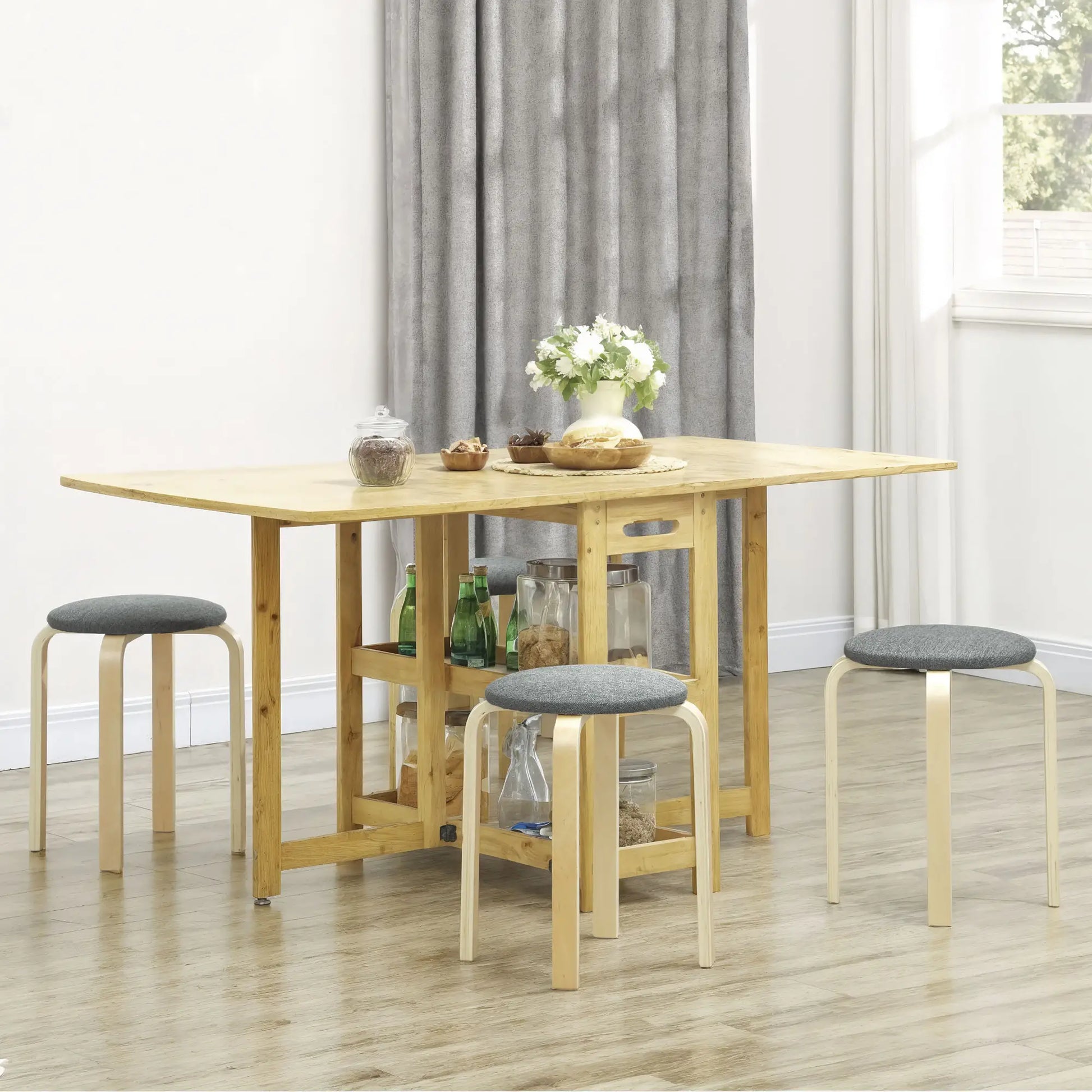 Stackable Wood Stools Set of 4, Padded Seat, Grey Dining Chairs at Gallery Canada
