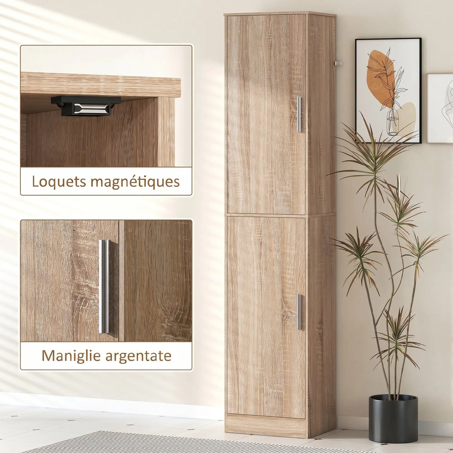Tall Bathroom Cabinet, Slim 6-Tier Bathroom Floor Cabinet with 2 Doors and 4 Adjustable Shelves, Natural Wood