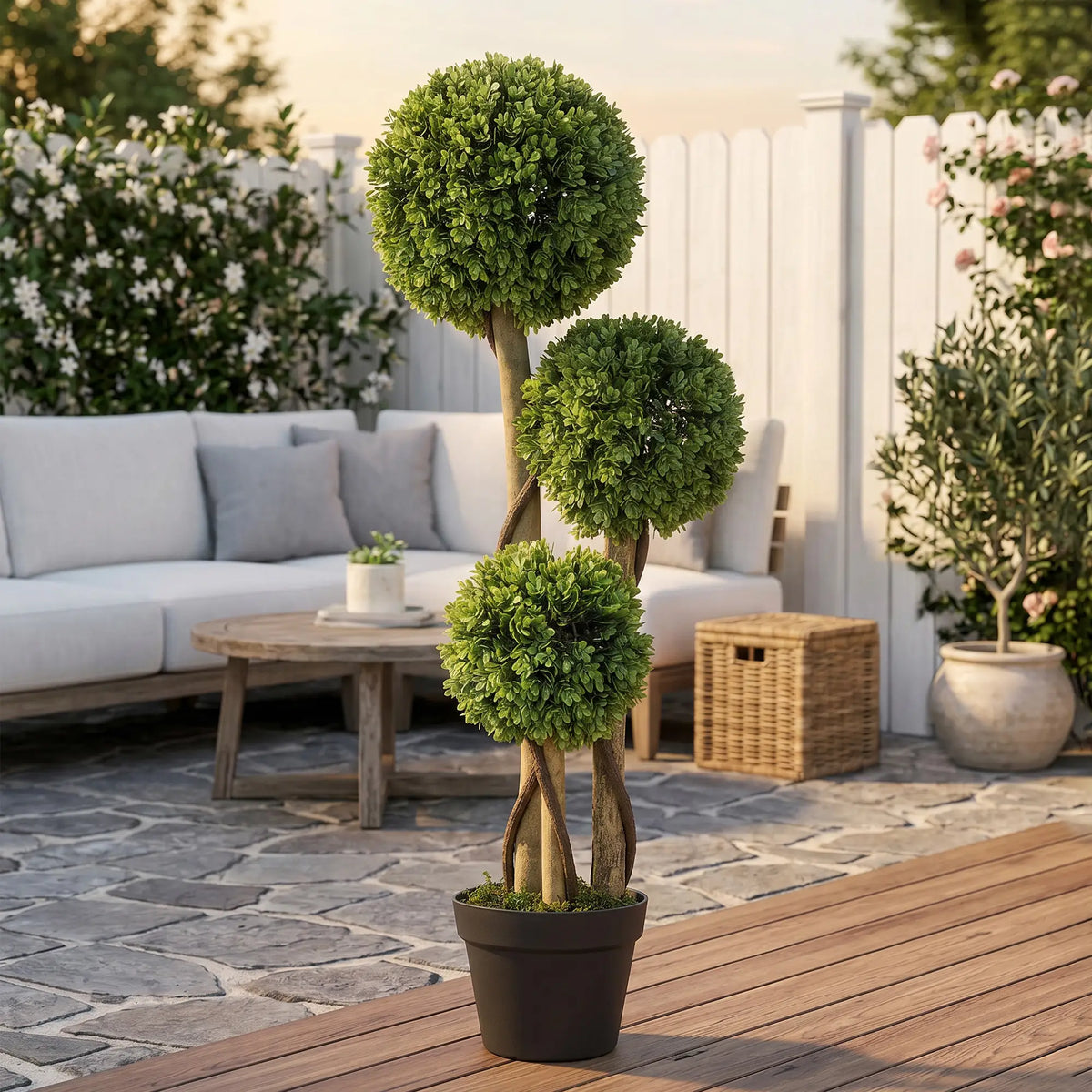 3FT Artificial Boxwood Topiary Tree, Triple Ball, Indoor Outdoor, Green Artificial Trees at Gallery Canada