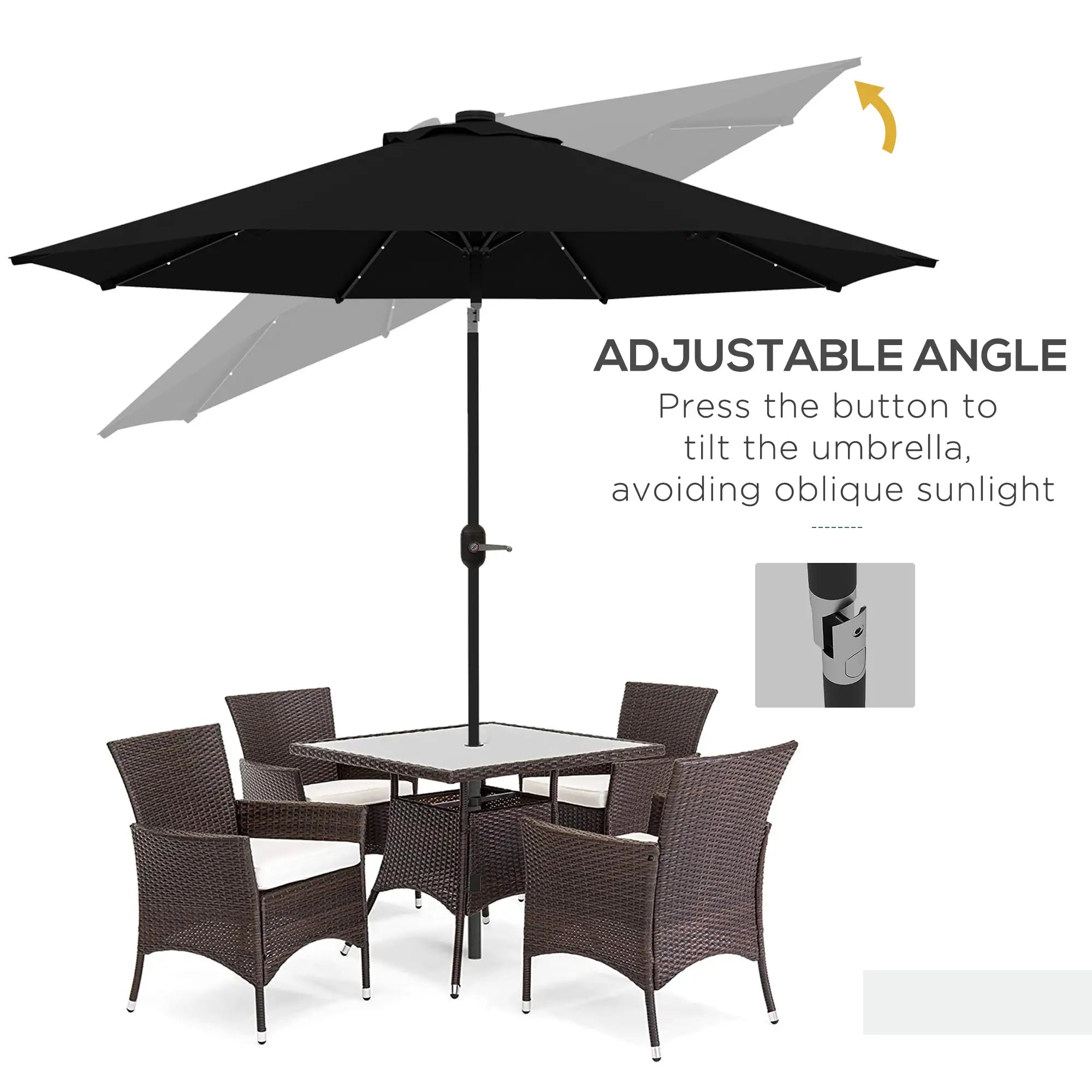 9ft Solar Patio Umbrella, 24 LED Lights, Tilt Canopy, Black Sun Umbrellas at Gallery Canada