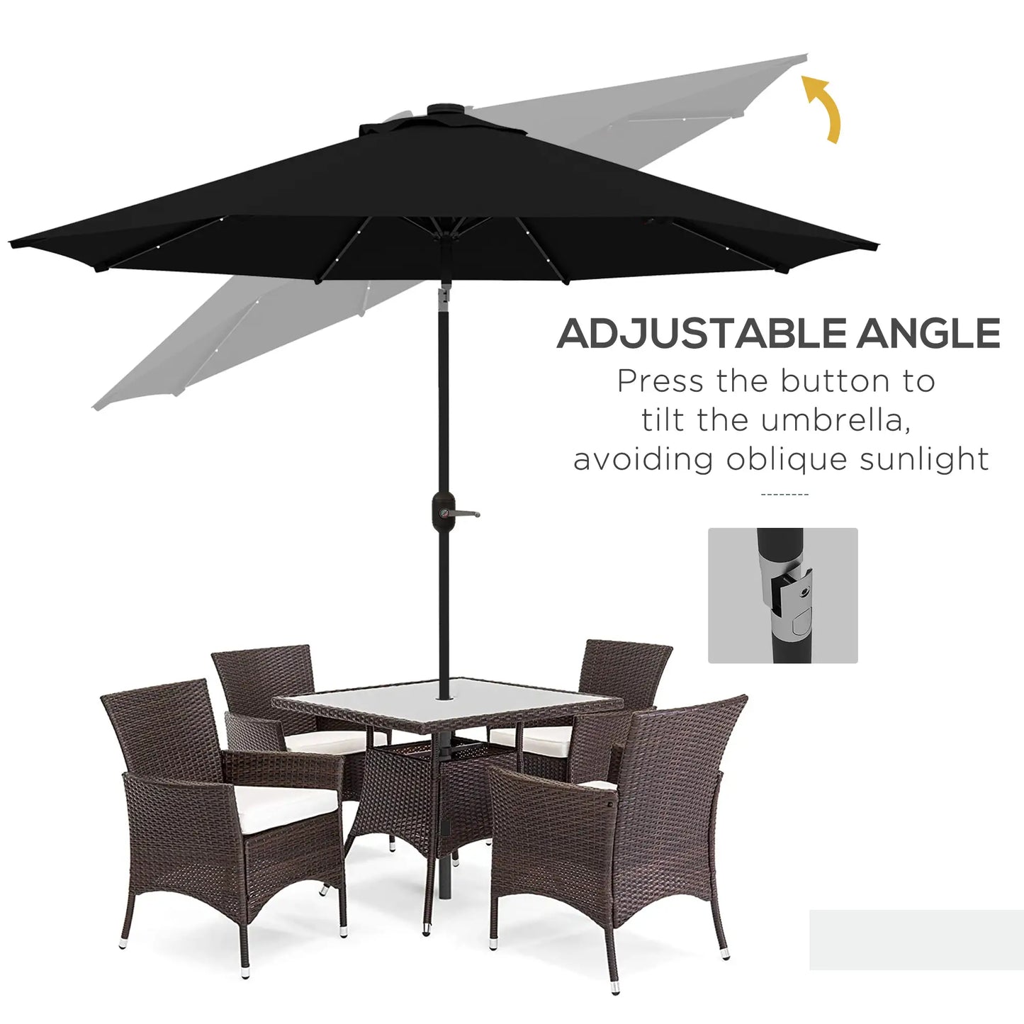 9ft Solar Patio Umbrella, 24 LED Lights, Tilt Canopy, Black Sun Umbrellas at Gallery Canada