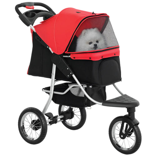 Lightweight Pet Stroller, 3-Rubber Wheels, Adjustable Canopy, Zippered Mesh, Red