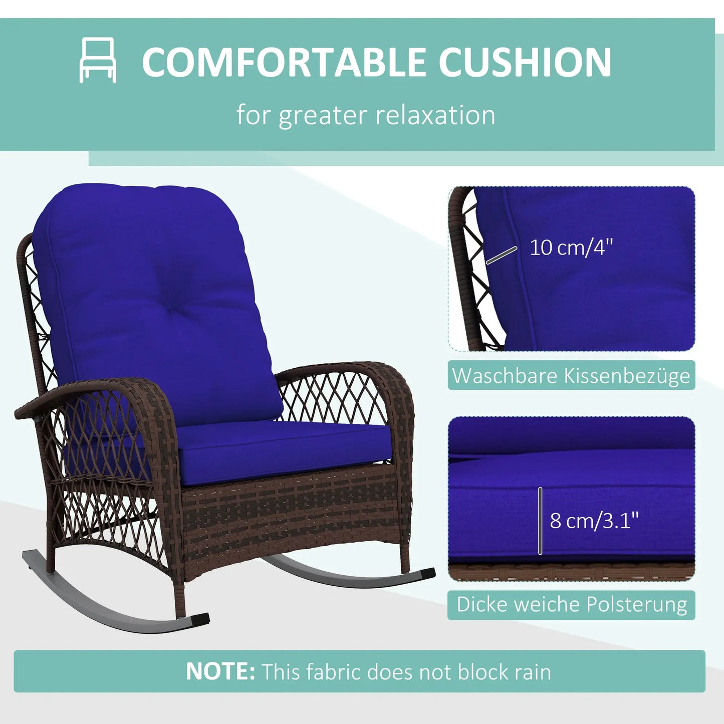Outdoor Wicker Rattan Rocking Chair, Thick Cushions, Dark Blue Outdoor Rocking Chairs at Gallery Canada