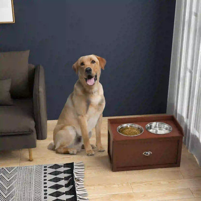 Raised Dog Bowls with Storage, 2 Stainless Steel Bowls, 23.6"x11.8"x14.2", Brown Dog Bowls at Gallery Canada