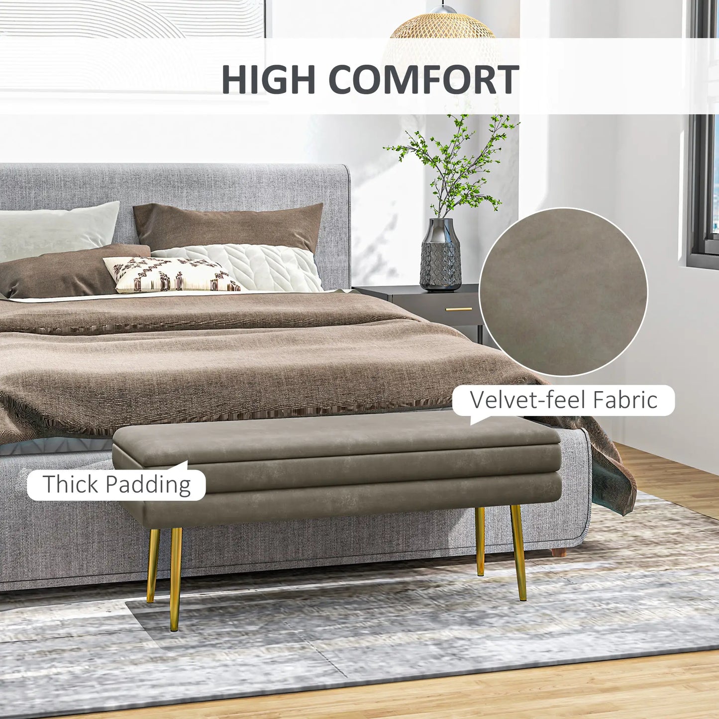 Velvet Upholstered Bench, Thick Padded Seat, Steel Legs, Beige Storage Ottomans & Benches at Gallery Canada