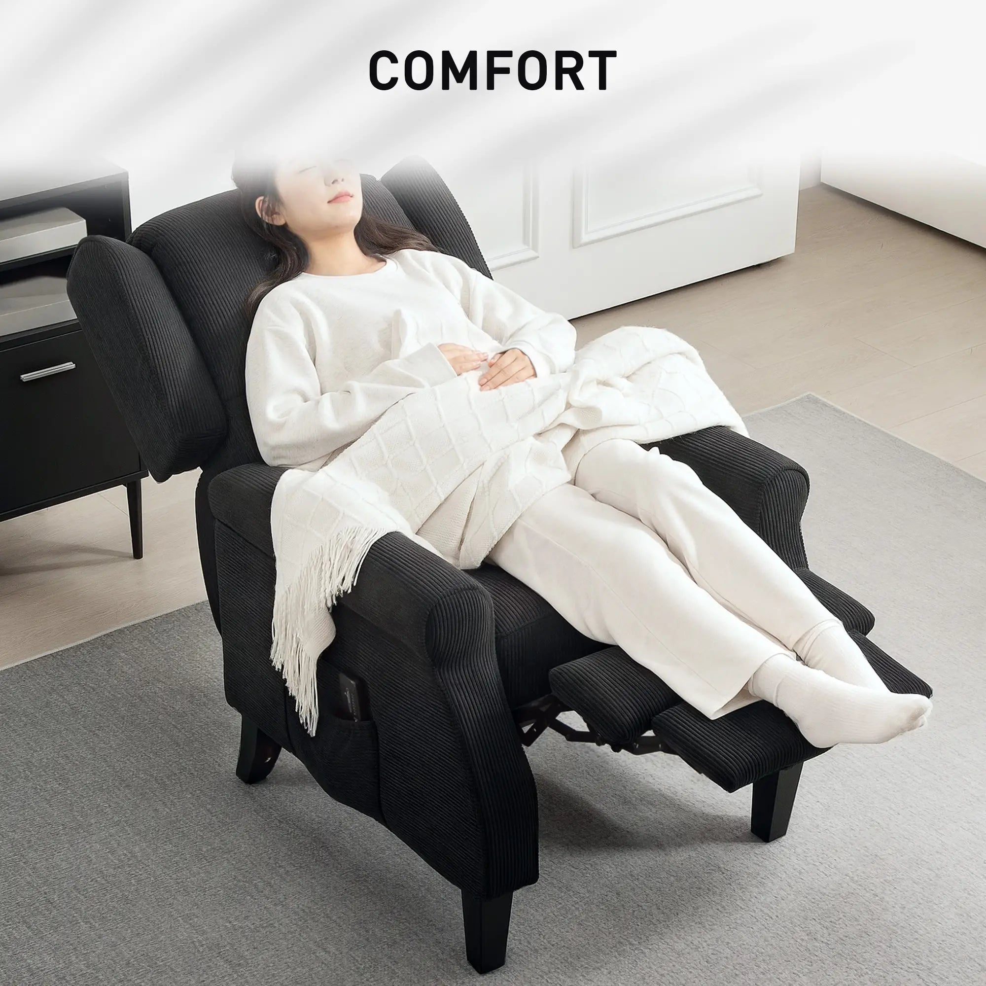 Push Back Recliner Chair, Vibration Massage, Extendable Footrest, Remote, Pocket, Black Sofas & Reclining Chairs at Gallery Canada