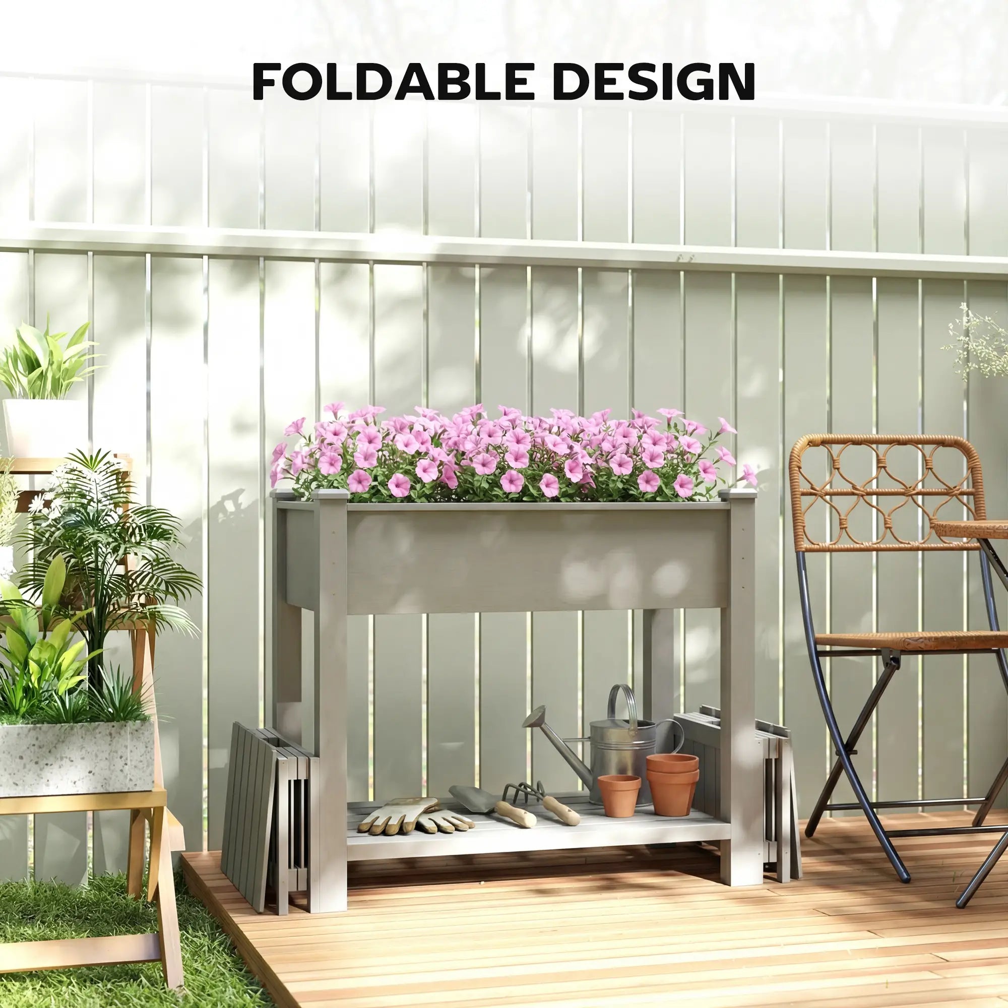 Wooden Raised Garden Bed, 2 Foldable Side Pots, Storage Shelf, Drainage Holes Elevated Garden Beds at Gallery Canada