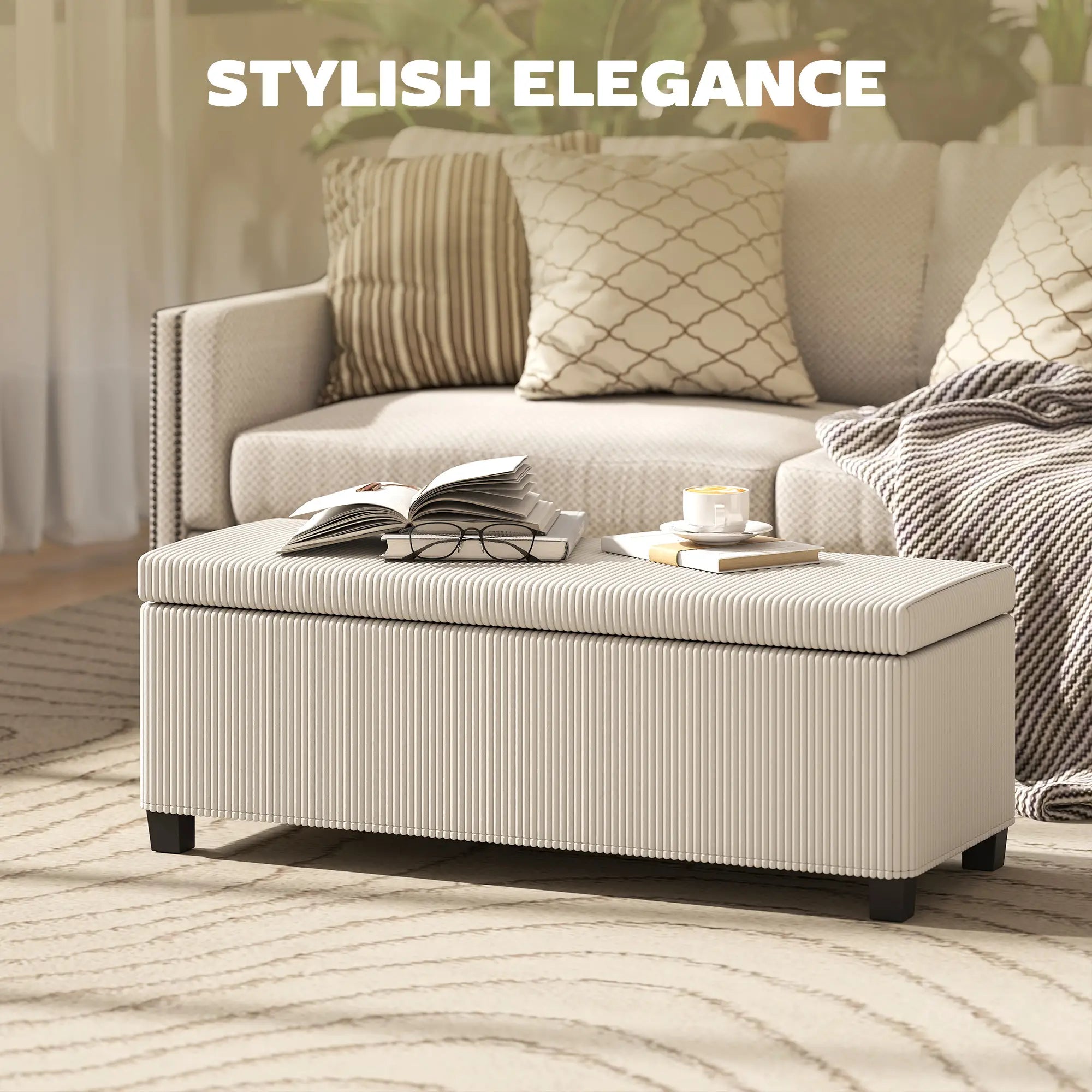 44 Inches Ottoman with Storage, Lid, Legs, Corduroy Bench, Beige Storage Ottomans & Benches at Gallery Canada