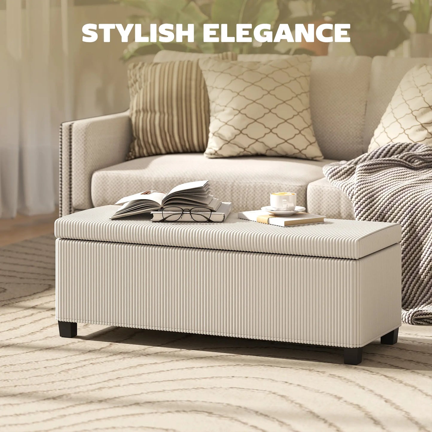 44 Inches Ottoman with Storage, Lid, Legs, Corduroy Bench, Beige Storage Ottomans & Benches at Gallery Canada