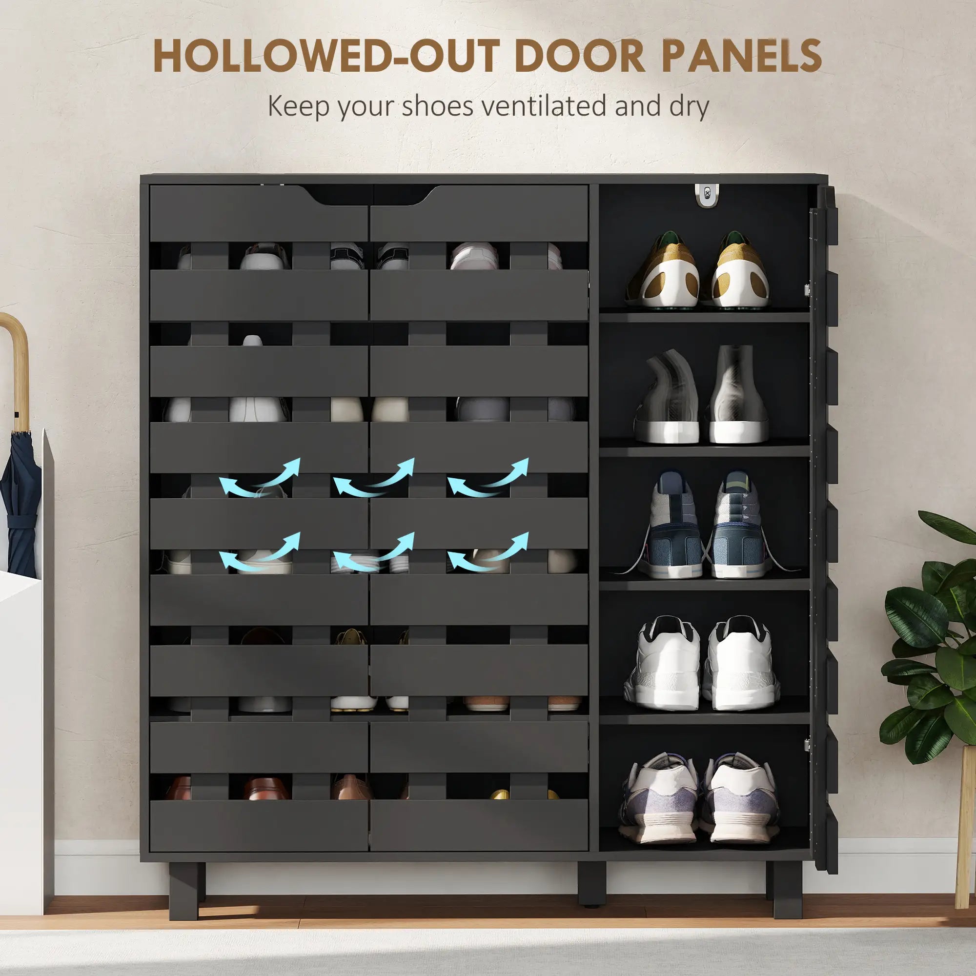 Shoe Cabinet, 20 Pair Storage with Hollowed-Out Doors, Black Shoe Storage Cabinets & Racks at Gallery Canada