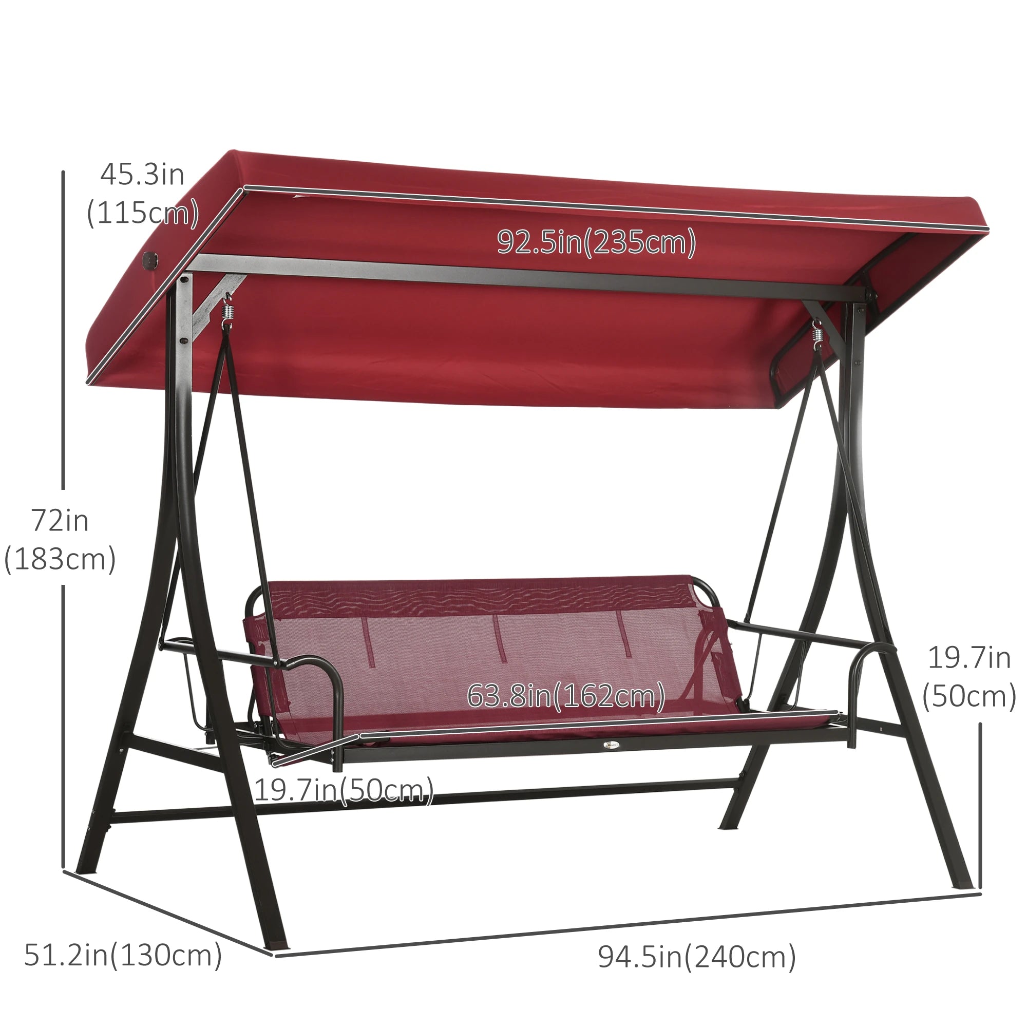 3 Person Porch Swing Bed, Outdoor Patio Chair with Canopy, Cushions, Red Patio Swings with Stand at Gallery Canada