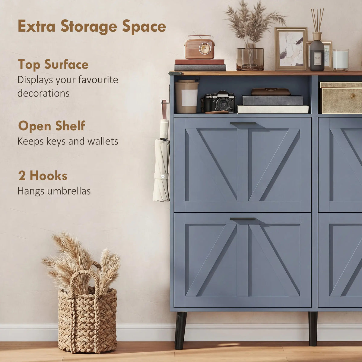 Shoe Storage Cabinet, 4 Flip Drawers, Farmhouse Narrow, Holds 24 Pairs, Blue Shoe Storage Cabinets & Racks at Gallery Canada