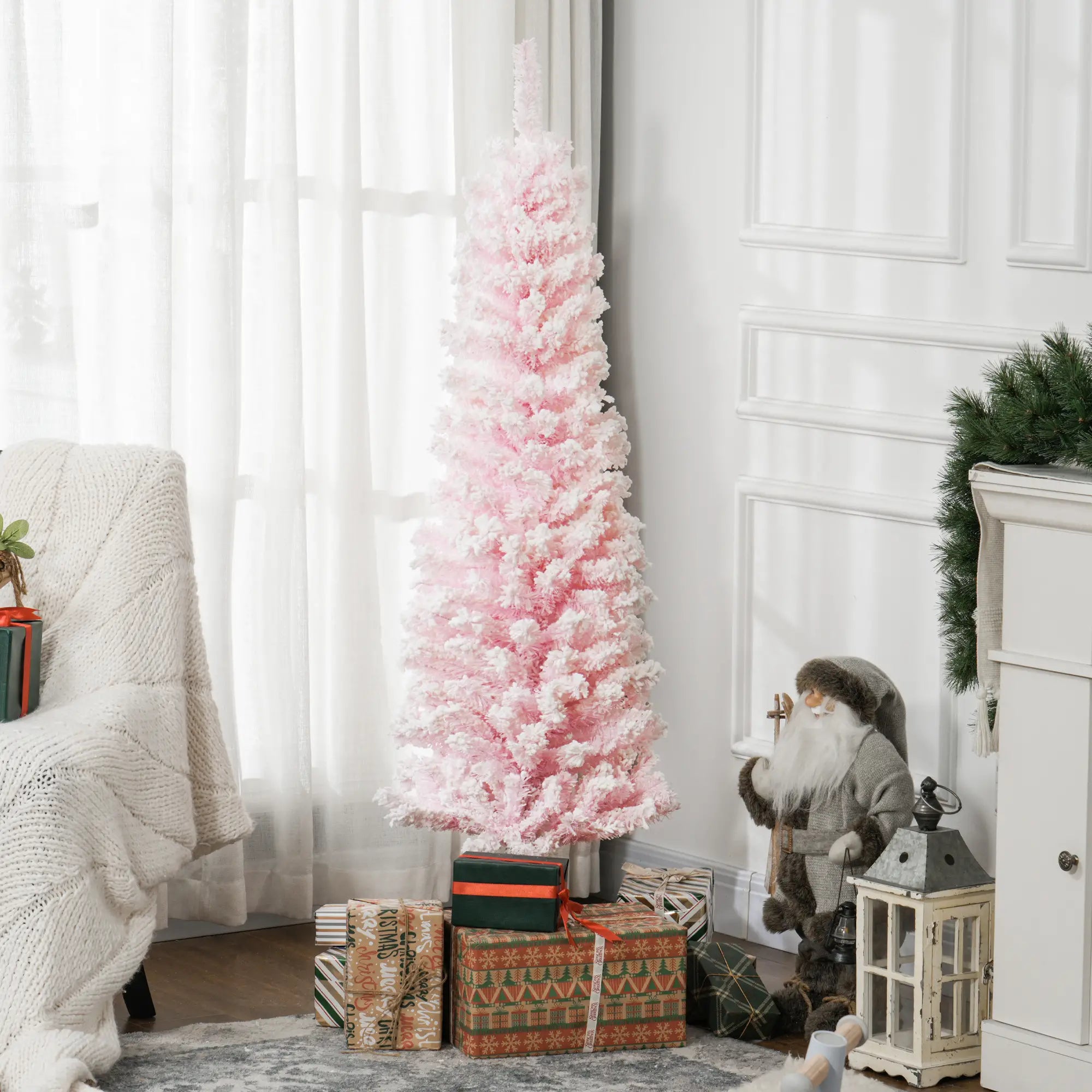 5ft Flocked Pencil Christmas Tree, Realistic Branch Tips, Pink Pencil Christmas Trees at Gallery Canada