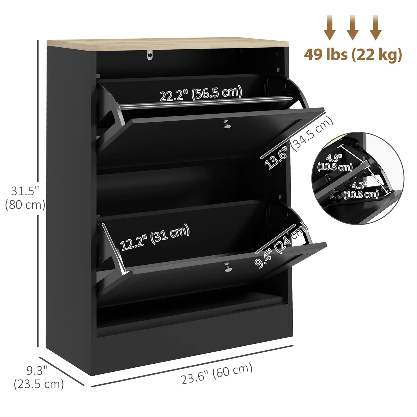 Slim Shoe Storage Cabinet, 2 Flip Drawers, Adjustable Shelves for 12 Pairs, Black