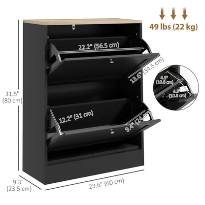 Slim Shoe Storage Cabinet, 2 Flip Drawers, Adjustable Shelves for 12 Pairs, Black