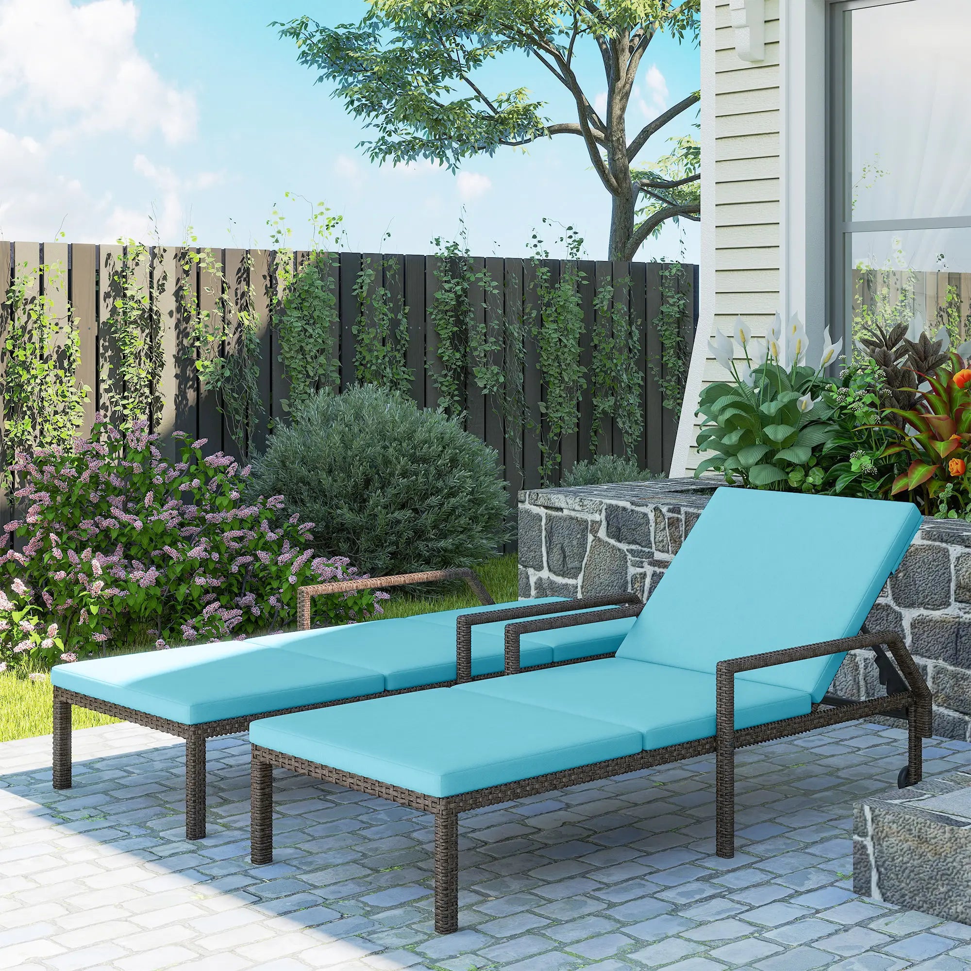 2 Piece Wicker Chaise Lounger, PE Rattan Outdoor Chair, Adjustable Backrest, Sky Blue Chaise Loungers at Gallery Canada