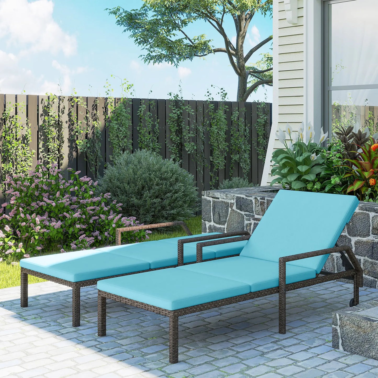 2 Piece Wicker Chaise Lounger, PE Rattan Outdoor Chair, Adjustable Backrest, Sky Blue Chaise Loungers at Gallery Canada