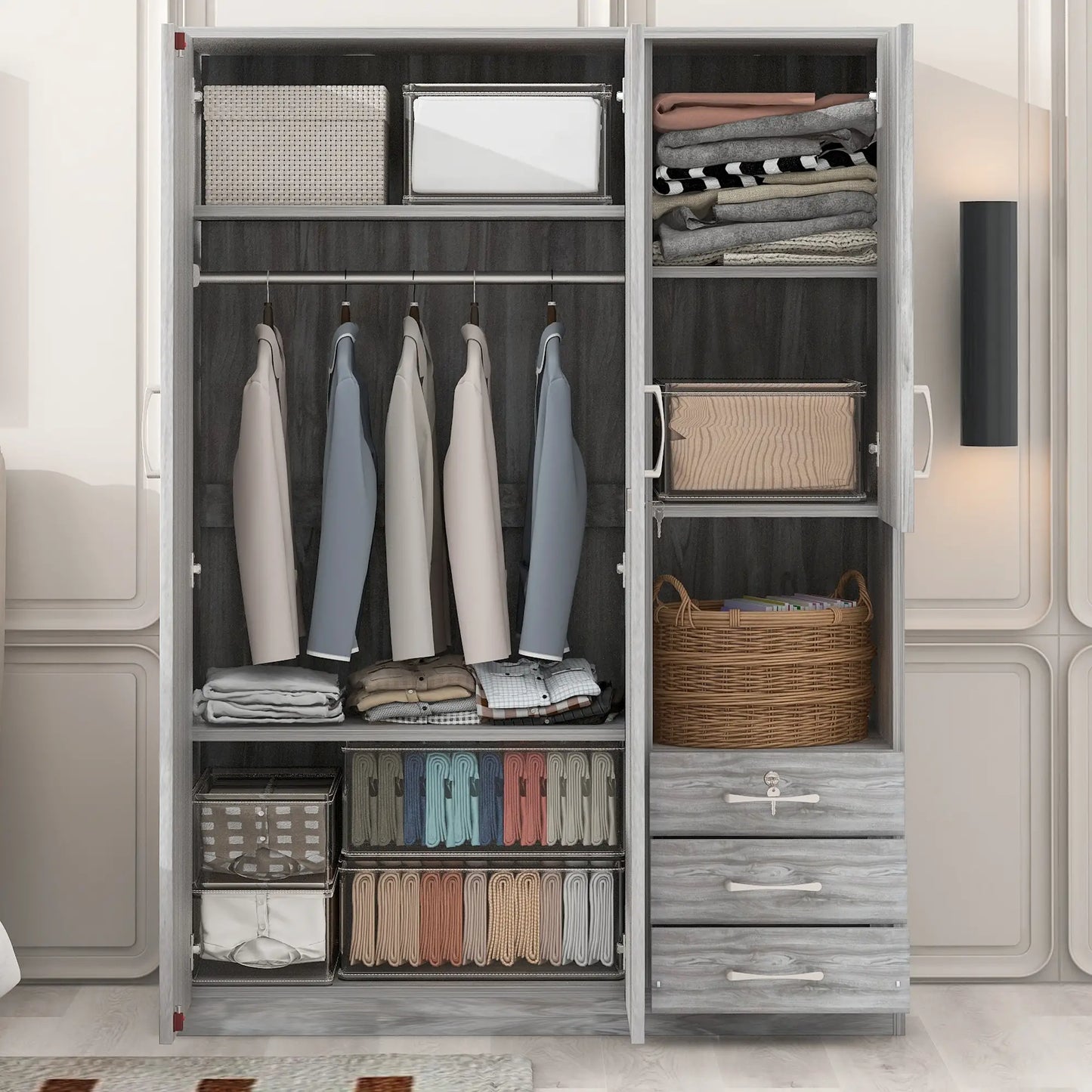 Wooden Wardrobe with Shelves, 3 Drawers, Hanging Rod, 47" L x 20" W x 69" H, Grey Clothing Storage at Gallery Canada
