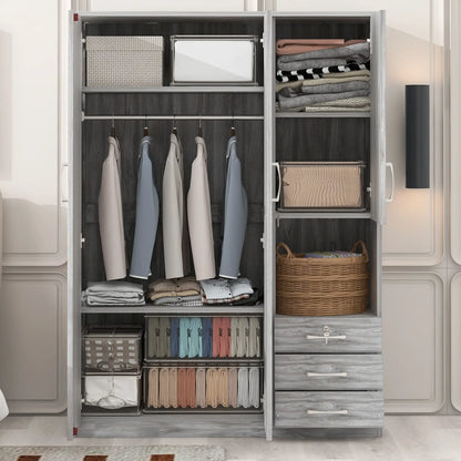 Wooden Wardrobe with Shelves, 3 Drawers, Hanging Rod, 47" L x 20" W x 69" H, Grey Clothing Storage at Gallery Canada
