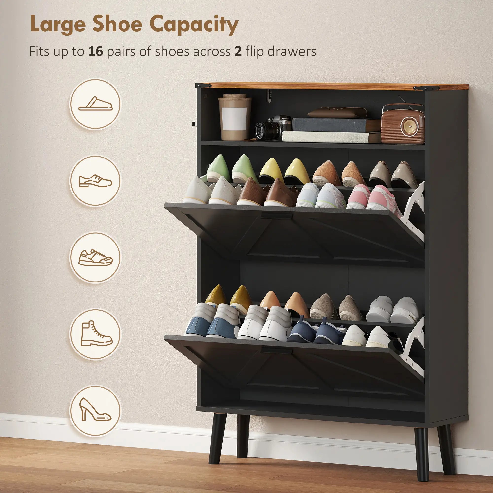 Shoe Storage Cabinet, 2 Flip Drawers, Farmhouse Narrow, Holds 16 Pairs, Black Shoe Storage Cabinets & Racks at Gallery Canada