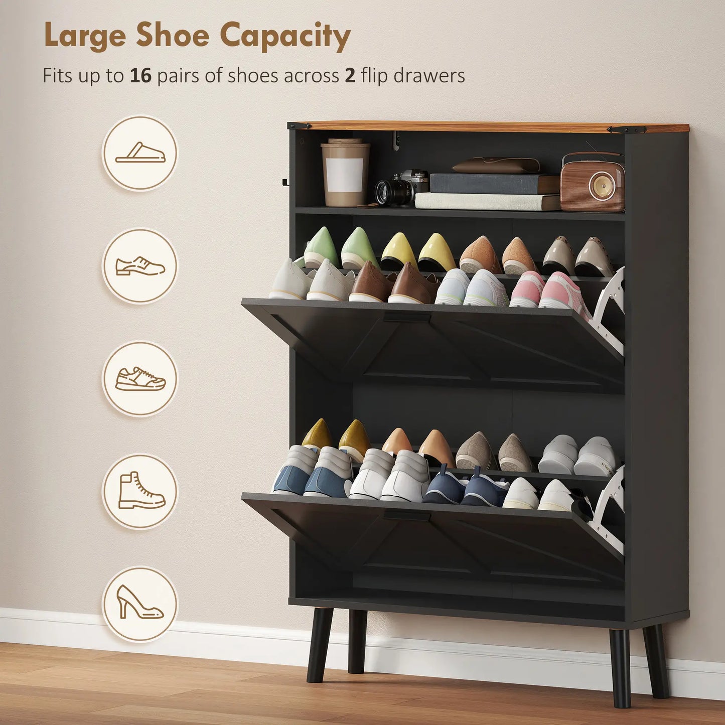 Shoe Storage Cabinet, 2 Flip Drawers, Farmhouse Narrow, Holds 16 Pairs, Black Shoe Storage Cabinets & Racks at Gallery Canada