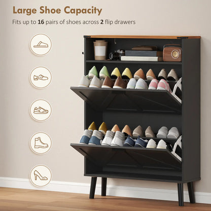 Shoe Storage Cabinet, 2 Flip Drawers, Farmhouse Narrow, Holds 16 Pairs, Black Shoe Storage Cabinets & Racks at Gallery Canada