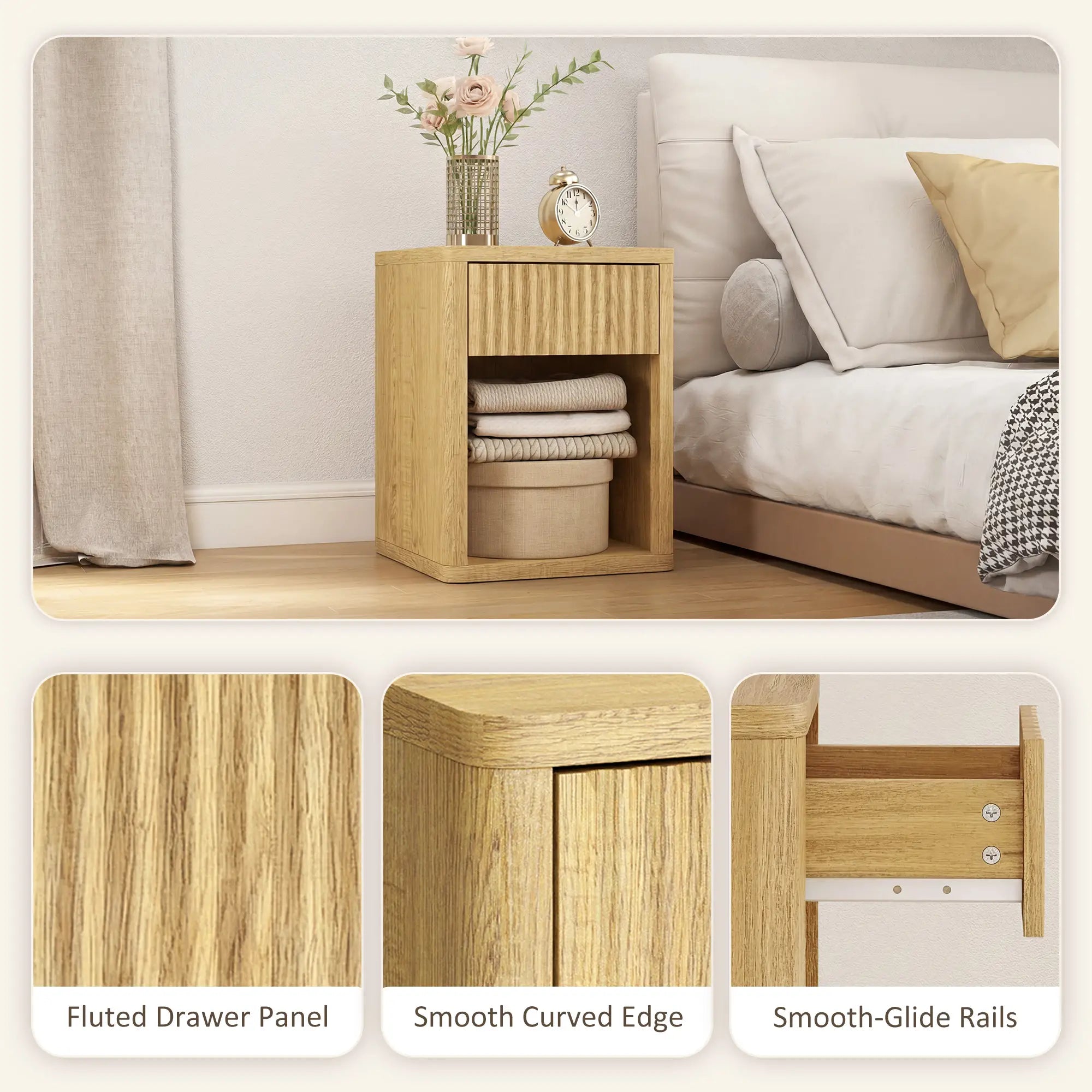 Nightstand With Drawer And Shelf, Modern Bedside Table Set Of 2, Oak Bedside Tables at Gallery Canada