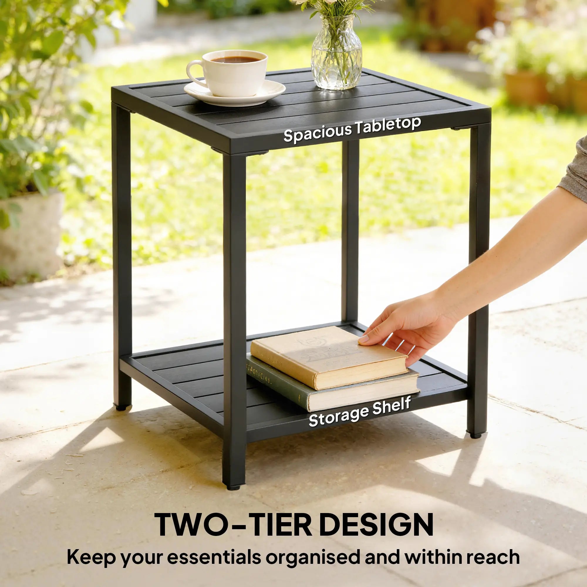 Outdoor Coffee Table, 2-Tier With Storage Shelf, Adjustable Feet, Black Patio Side Tables at Gallery Canada
