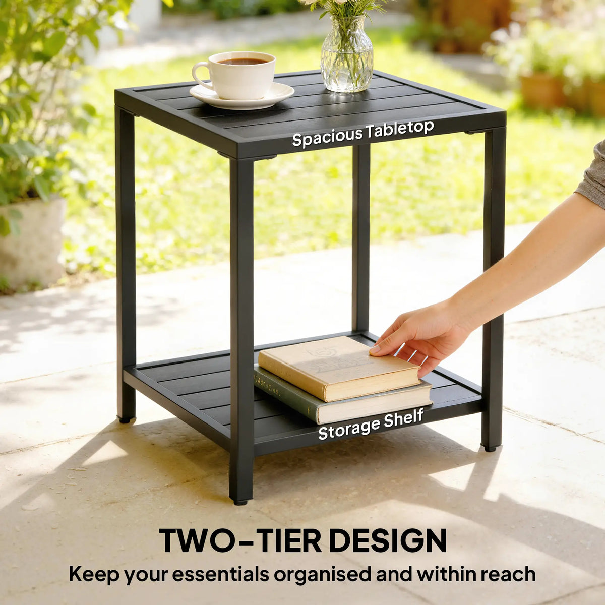 Outdoor Coffee Table, 2-Tier With Storage Shelf, Adjustable Feet, Black Patio Side Tables at Gallery Canada
