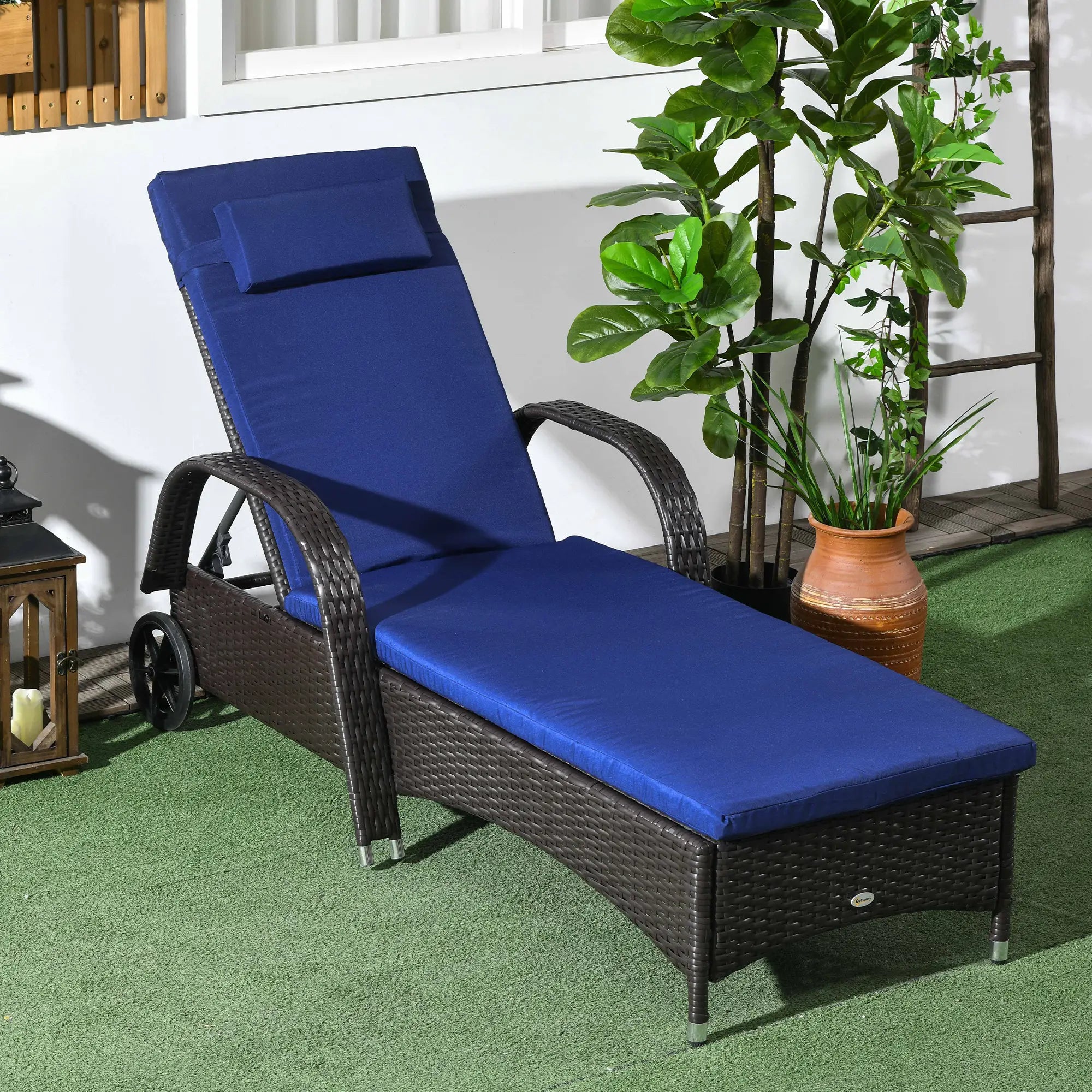 Outdoor Lounger, Deck Chair with Headrest, 5-Level Adjustable, Deep Coffee, Navy Blue Chaise Loungers at Gallery Canada