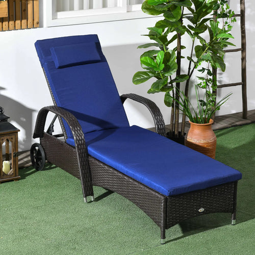 Outdoor Lounger, Deck Chair with Headrest, 5-Level Adjustable, Deep Coffee, Navy Blue