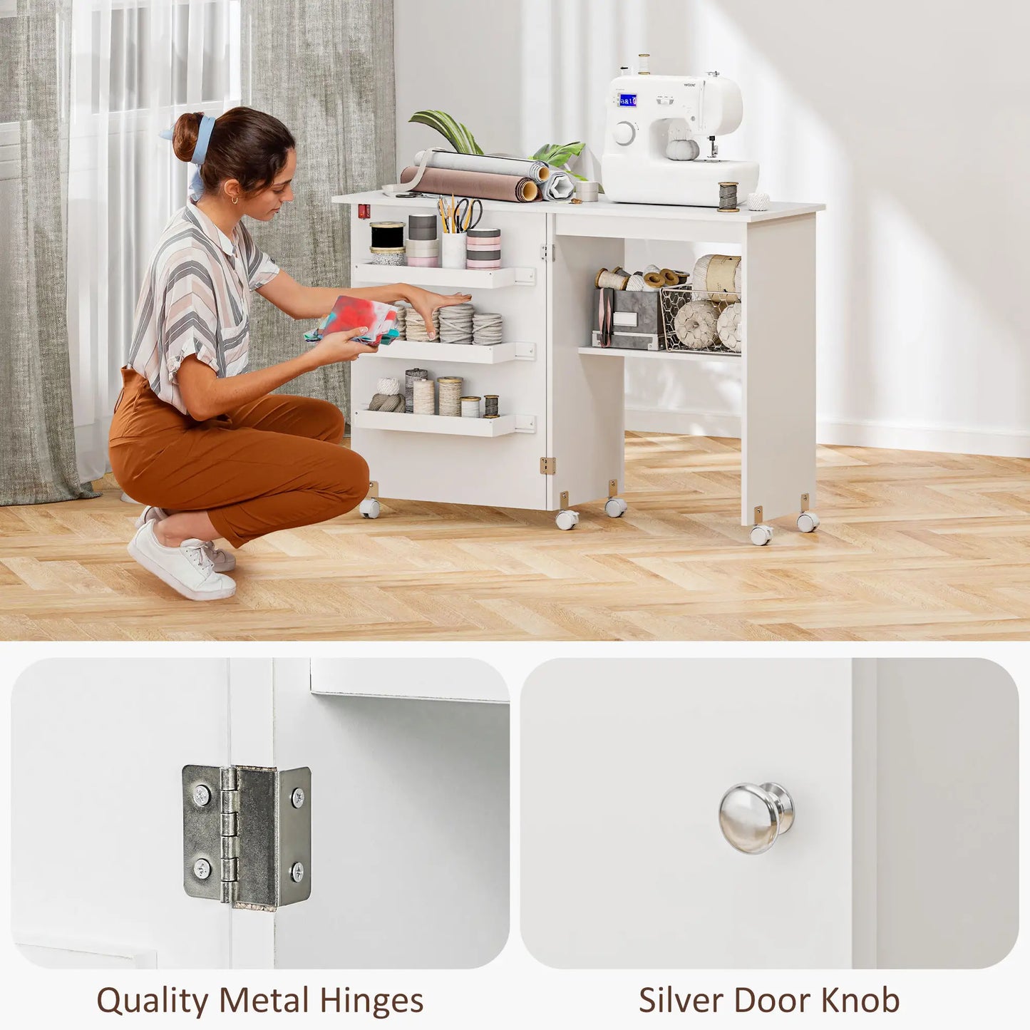 Folding Sewing Table with Storage, Lockable Wheels, White Storage Cabinets at Gallery Canada