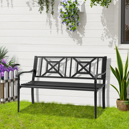 Steel Garden Bench, 2-Person Patio Loveseat, Black