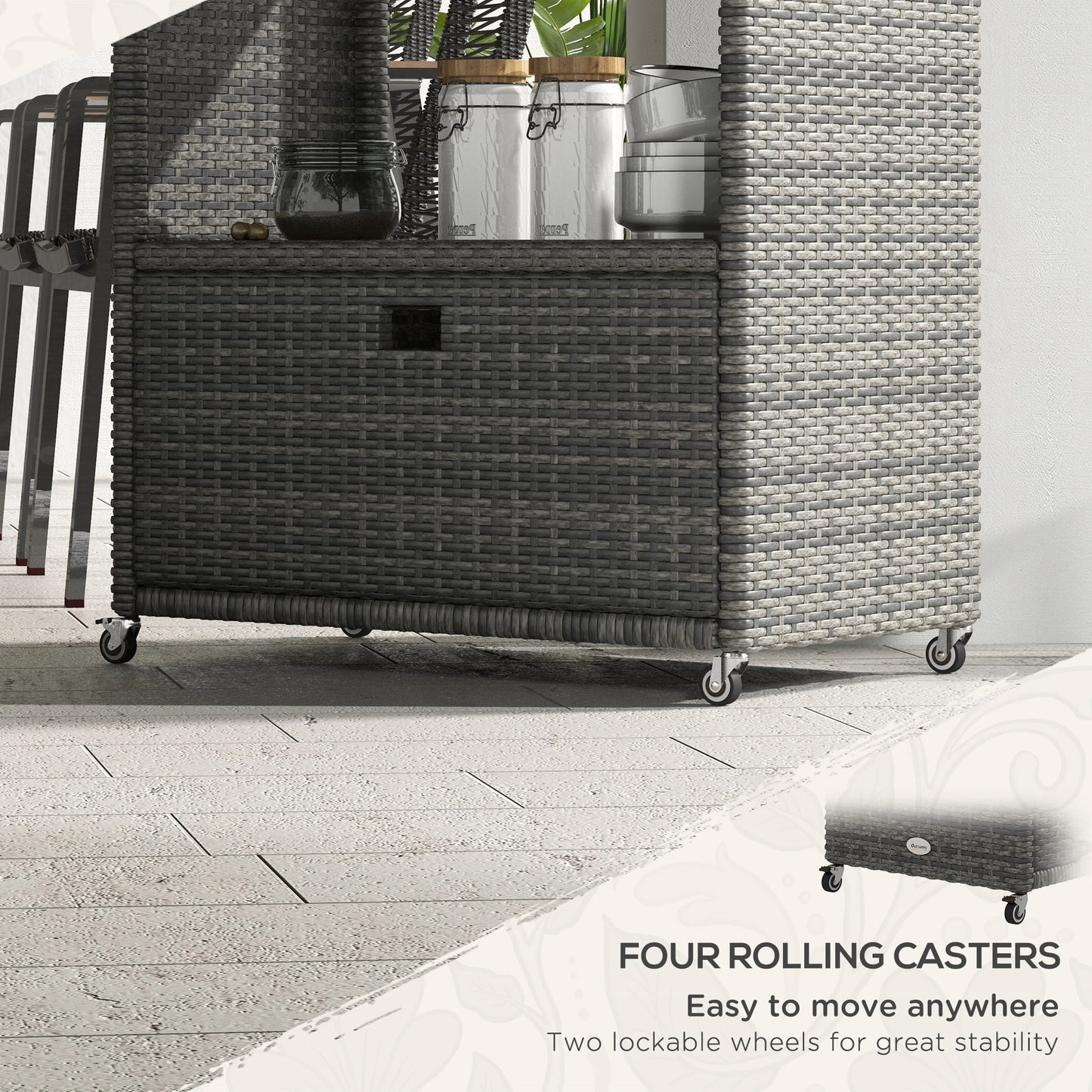 PE Wicker Serving Cart, 2-Tier Shelf, Outdoor Wheeled Rattan Cart, Grey Patio Dinning Tables at Gallery Canada