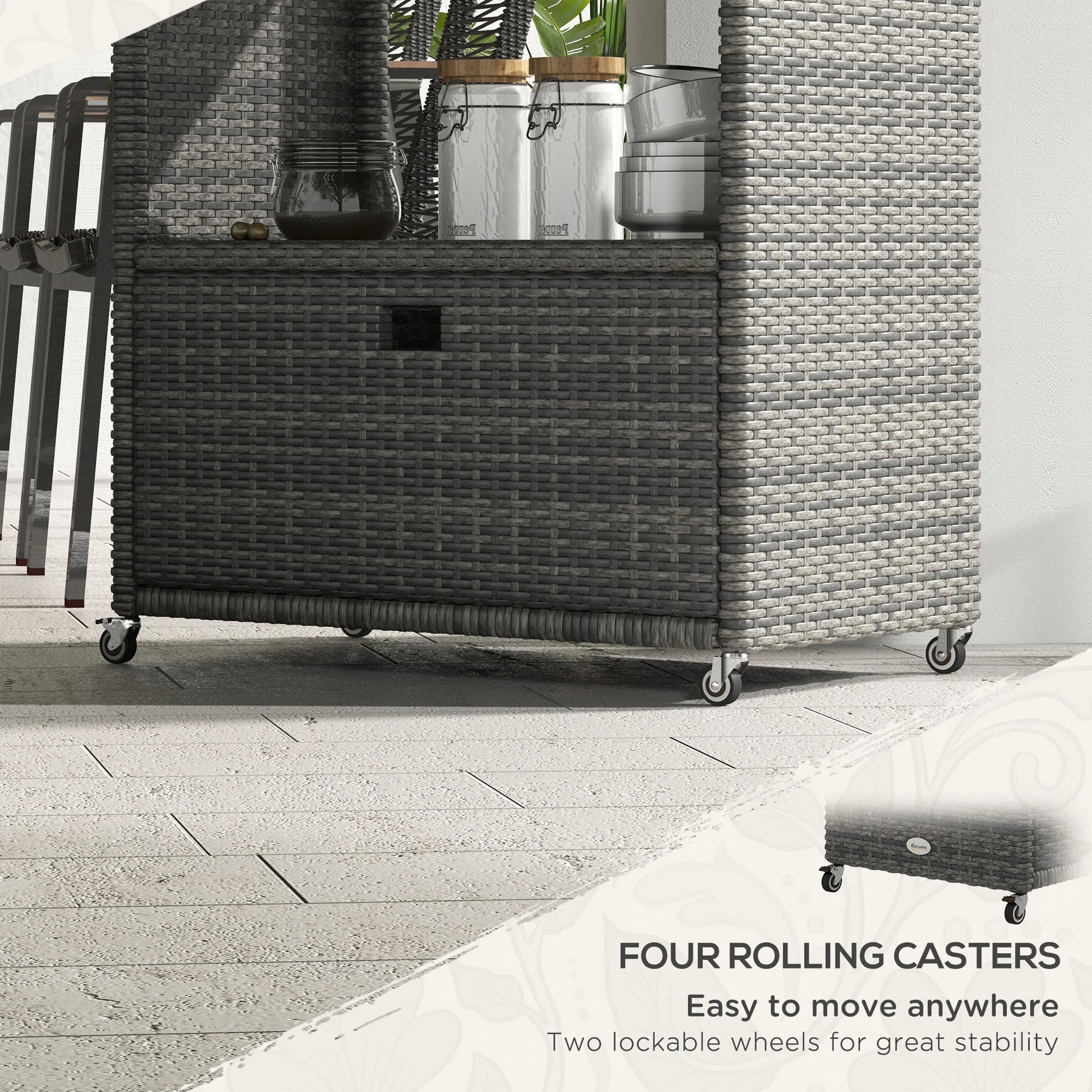 PE Wicker Serving Cart, 2-Tier Shelf, Outdoor Wheeled Rattan Cart, Grey Patio Dinning Tables at Gallery Canada