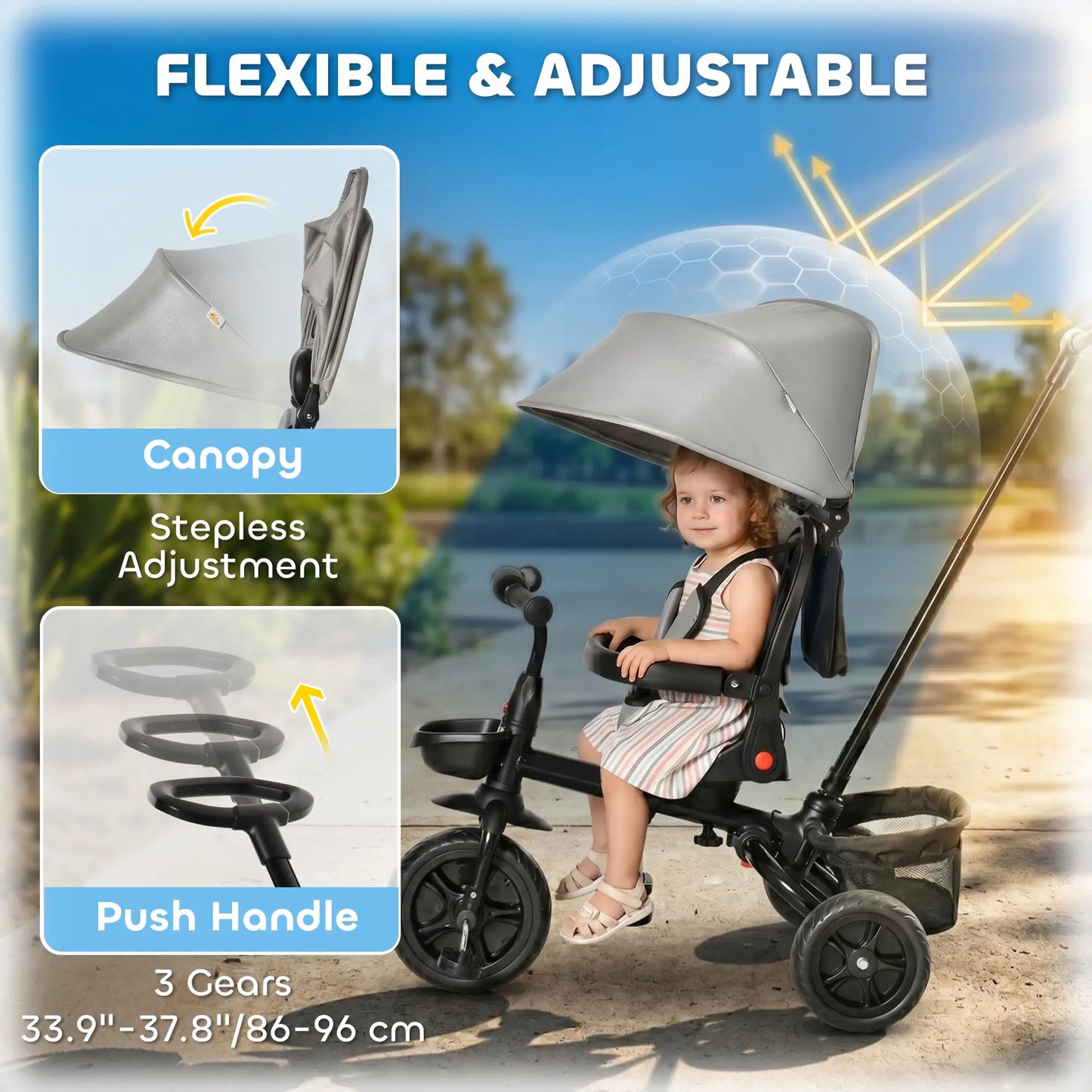 Toddler Tricycle, 4 in 1 Kids Trike, Adjustable Seat, Removable Handle, Grey Tricycles for Kids at Gallery Canada
